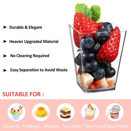 Eupako 125 Pack 5 OZ Plastic Mini Dessert Cups with Spoons - Clear Small Parfait Cups, Square Appetizer Cups for Fruit, Pudding, Mousse, Ice Cream, Party, Wedding, Valentine's Day