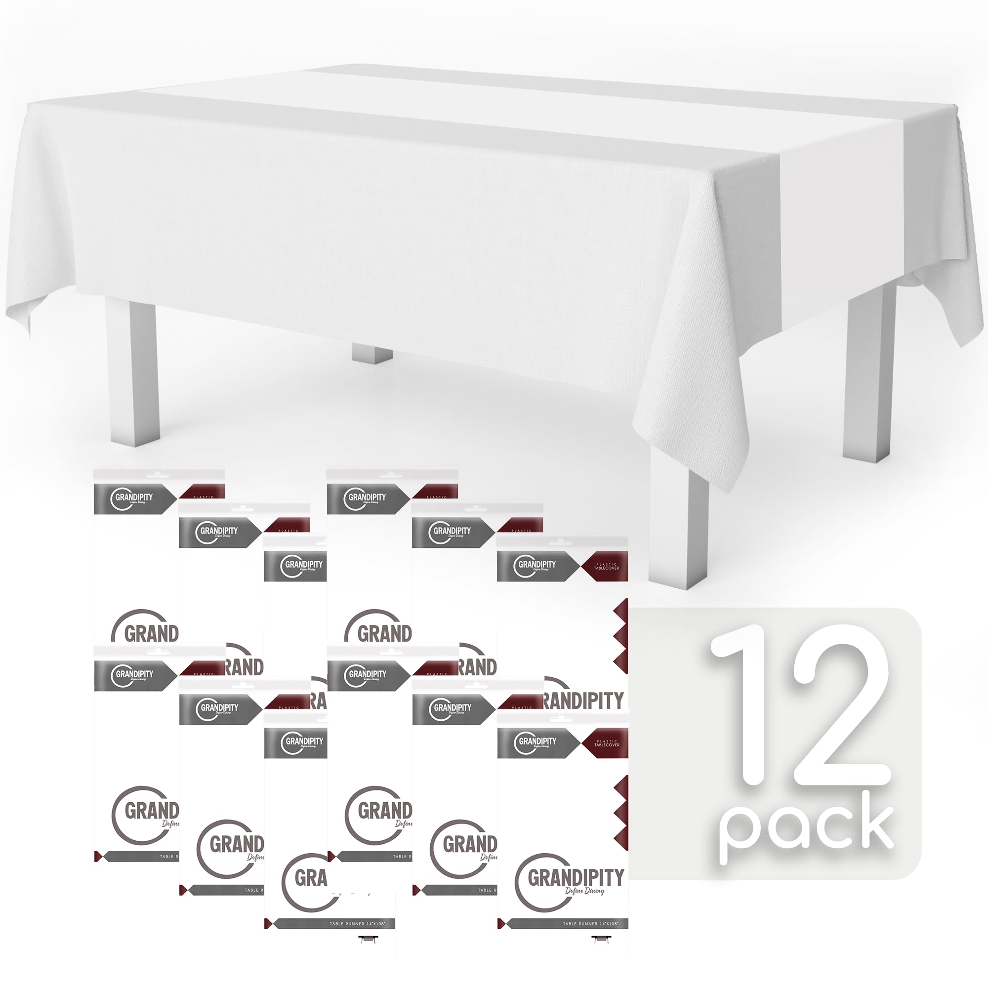 White 12 Pack Premium Disposable Plastic Table Runner 14 x 108 Inch. Table Runner for Dinner Parties & Events by Grandipity