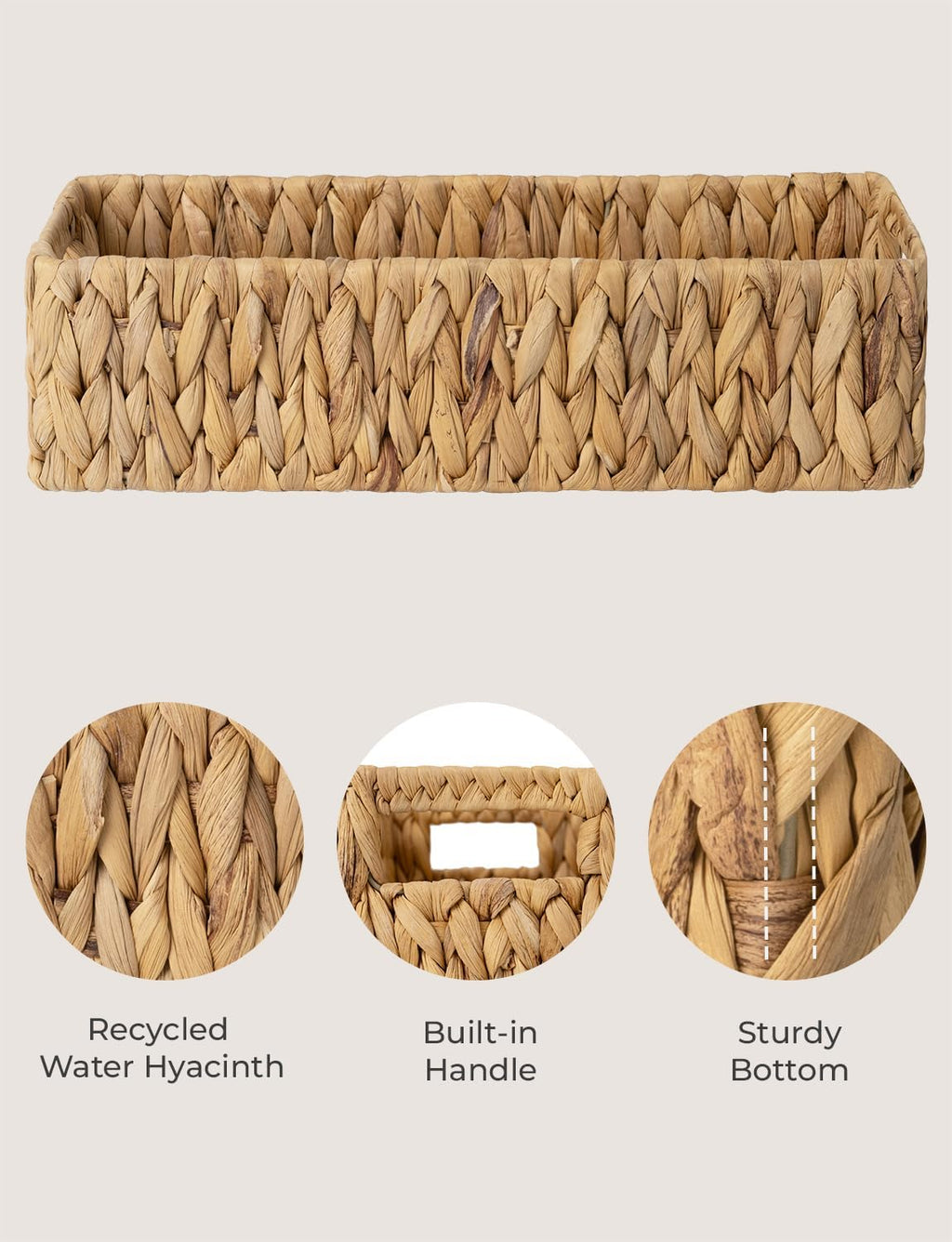 StorageWorks Water Hyacinth Basket - Stylish Wicker Storage Solution with Handles | 14.25"L x 6.5"W x 3.75"H