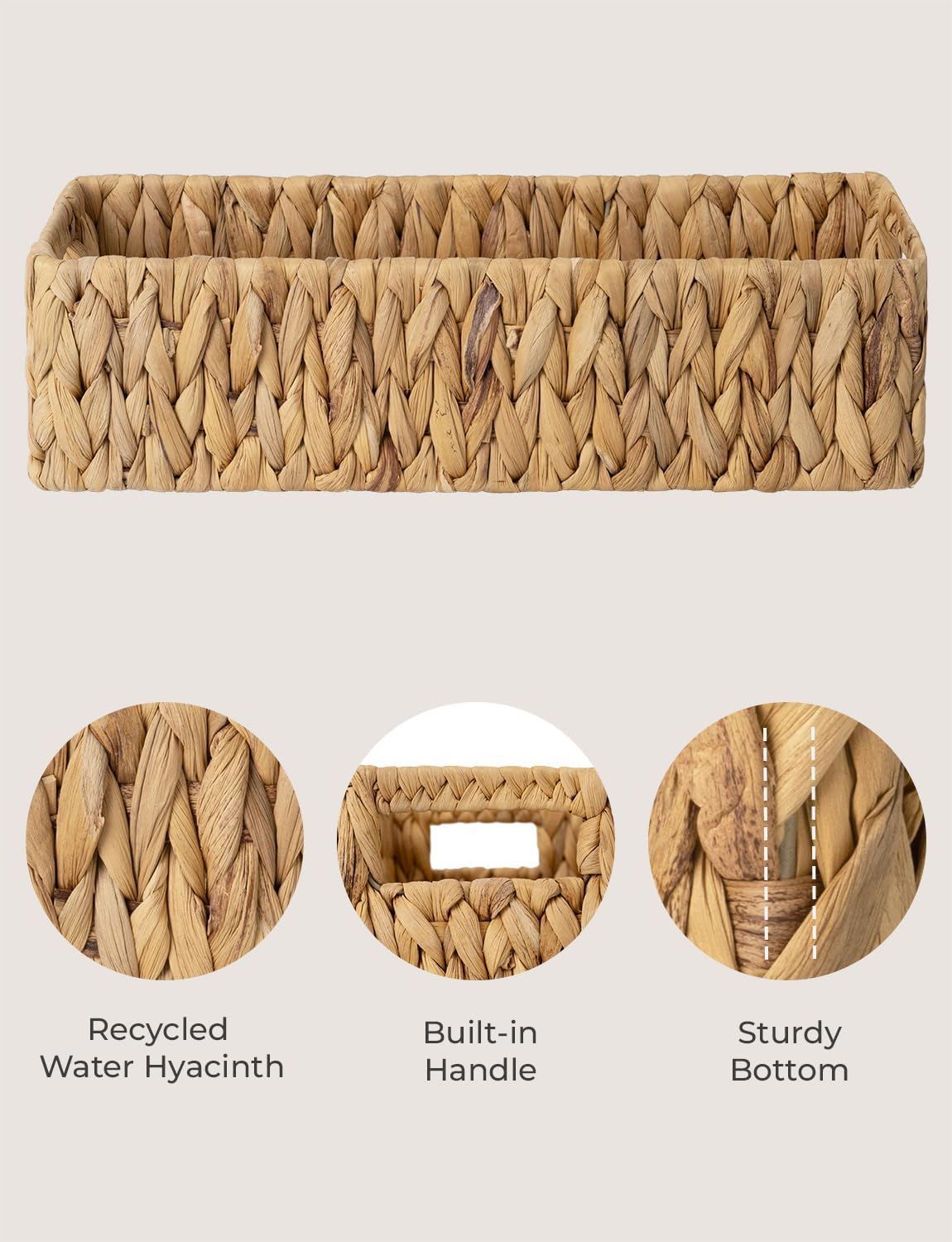 StorageWorks Water Hyacinth Basket - Stylish Wicker Storage Solution with Handles | 14.25"L x 6.5"W x 3.75"H