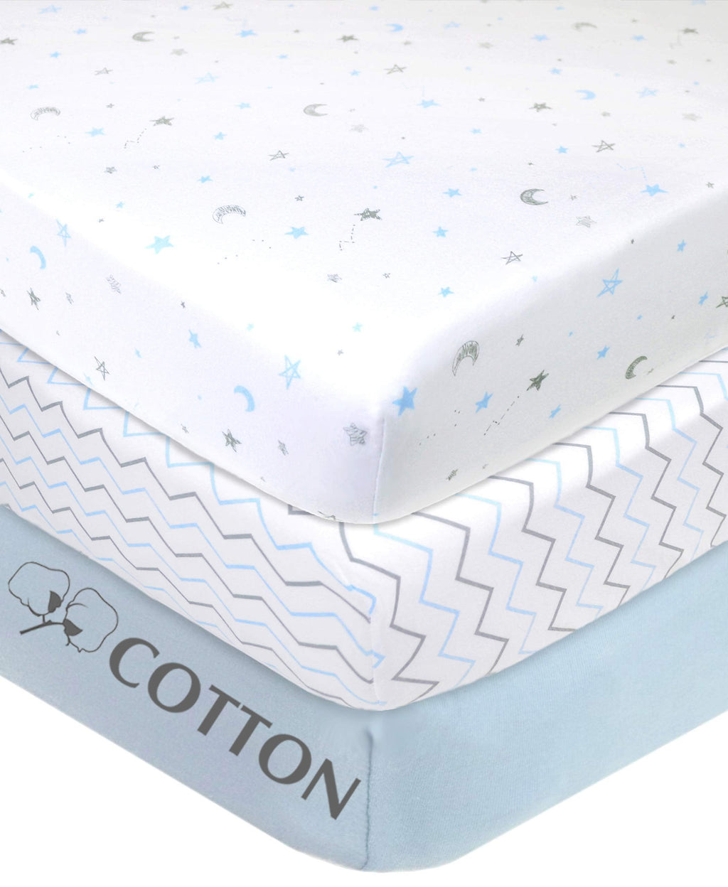 American Baby Company 3 Pack 100% Natural Cotton Fitted Crib Sheets 52" x 28" - Soft, Breathable, Hypoallergenic & Gentle Toddler Bed Sheets, Blue Star/Zigzag, Neutral for Boys & Girls