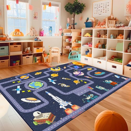 Pyrrhite Outer Space Kid Rug，Boys Car Rug for Kids Toy Cars Have Fun Safely, Non-Slip Educational City Road Rugs Carpets for Kid Room Bedroom（70×47 in