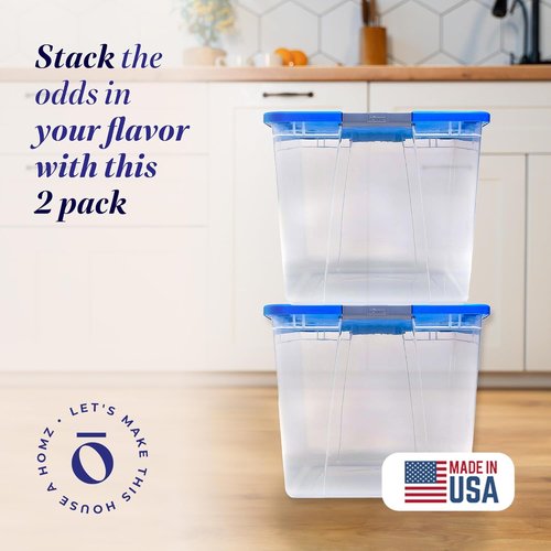 HOMZ 2-Pack Clear Plastic Storage Bins - 64 Quart Stackable Organizer with Blue Lids for Home & Office