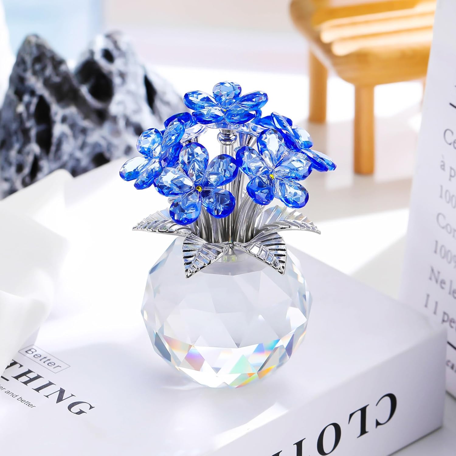 YWHL Blue Crystal Forget Me Not Flowers - Handmade Glass Bouquet Figurine | Perfect Gift for Women