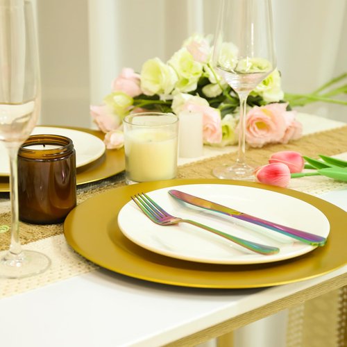Hoemwarm 36 Pcs Golden Charger Plates Bulk 13 Inch Plastic Gold Plates Dinner Round Tray Charger Tableware Dish for Table Setting Wedding Holidays Party Decor