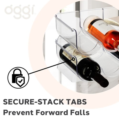 Oggi Bottle Rack for Wine, 6 Bottle Wine Storage - Stackable Wine Rack, Secure Stack Tabs. Water Bottle Storage, Wine Bottle Holder for Kitchen, Cabinet, Fridge - Each Rack Holds 3 Bottles, 2 Pack