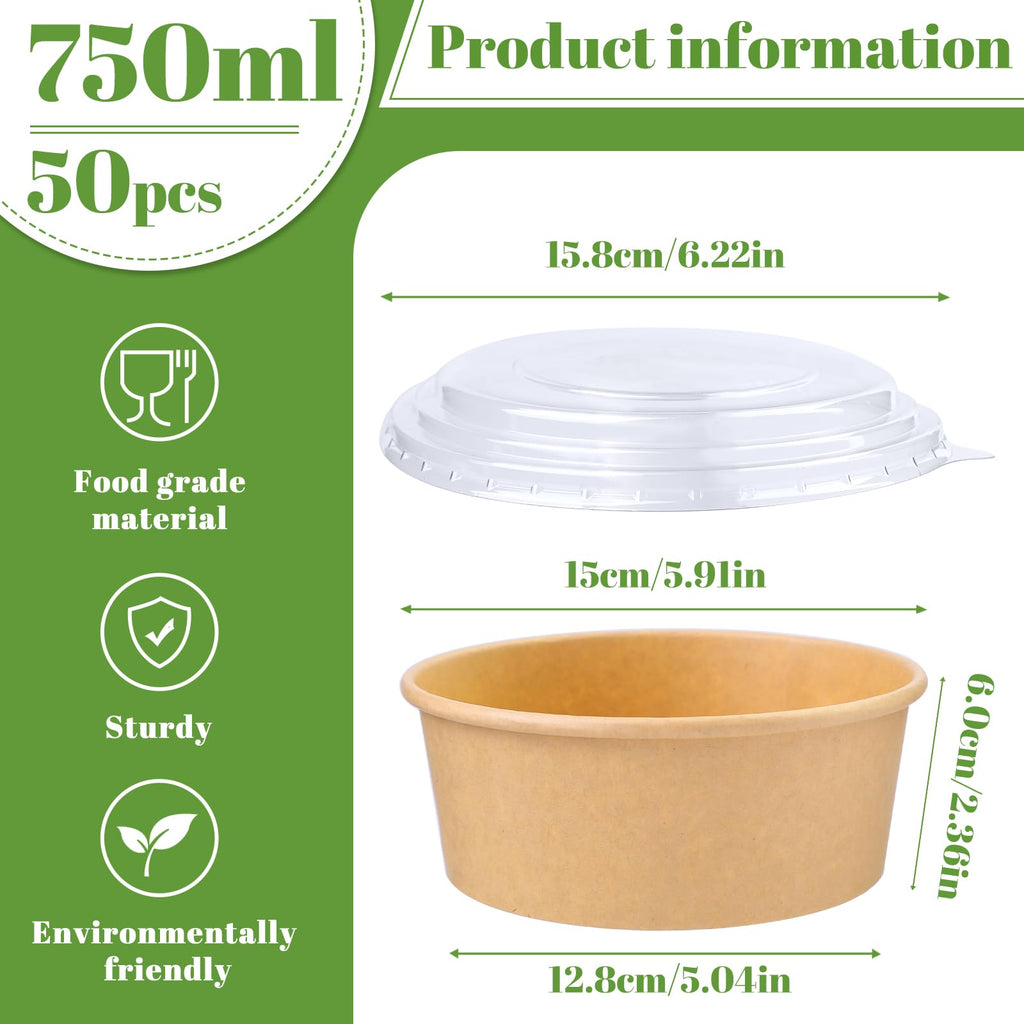 Prgery 25 oz 50 Pack Disposable Meal Prep Containers with Lids, Paper Bowls with Lids, Soup Containers with Lids, Paper Food Containers with Lid, Party Supplies for Hot/Cold Food, Soup, Ice Cream