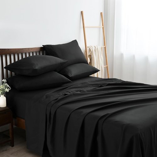 **LINENLINE Full Sheet Set - 6-Piece Cooling Bamboo Rayon Sheets with 4 Pillowcases | Soft, Breathable, 16" Deep Pocket - Black**