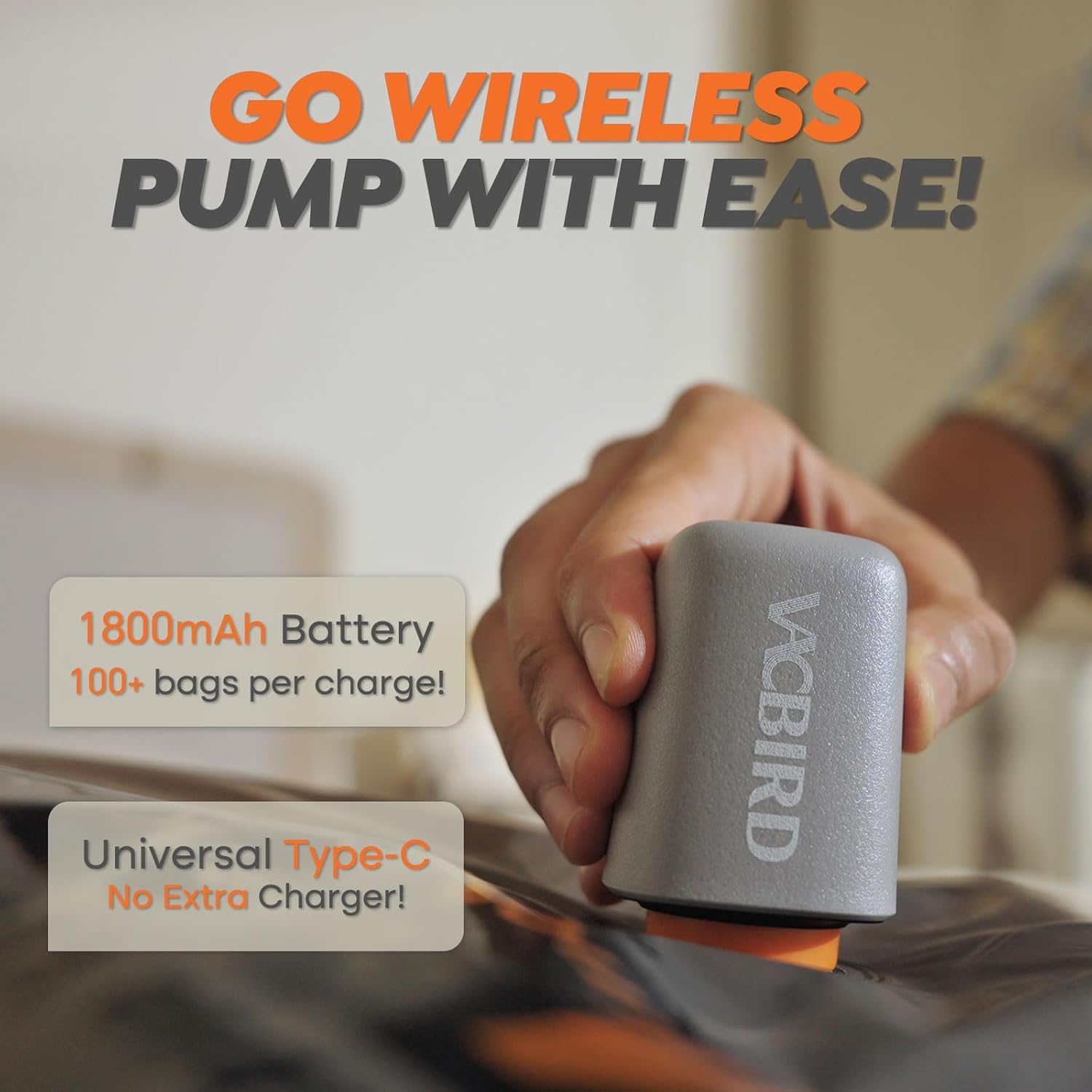 Vacbird Rechargeable Wireless Pump | 10-Pack Portable Vacuum Storage Bags for Travel & Home