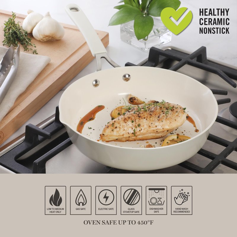 Martha Stewart Heathland 9.5 Inch Aluminum Cookware Non-Toxic Premium Ceramic Non Stick Frying Pan, Kitchen Egg Pan, Omelet, Pots and Pans, Linen White, Induction Safe