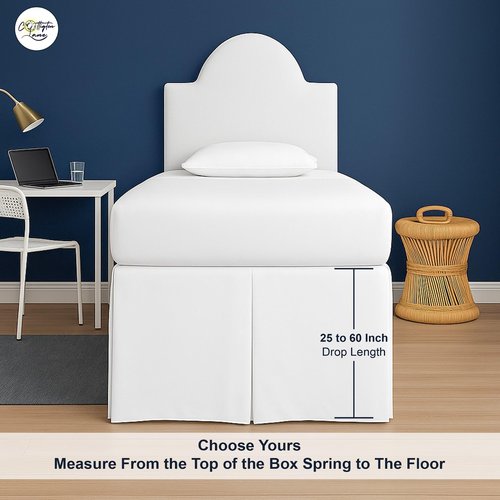 Cottington Lane Tailored Box Pleated College Dorm Sized Bed Skirt Twin XL, Hotel Quality Premium Brushed Microfiber Extra Long Bedskirt Twin XL 34 Inch Drop, White