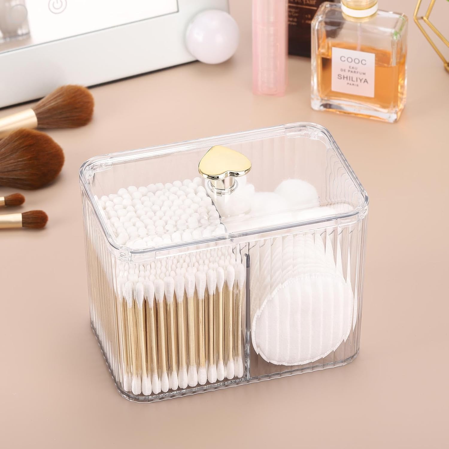 Tbestmax Qtip Holder Dispenser - 3-Section Clear Bathroom Organizer Jar for Cotton Swabs & Pads