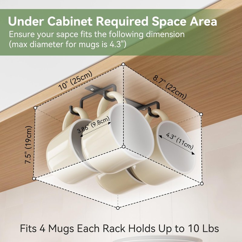 ECROCY Coffee Mug Holder Easy Screw Mounting, 3 Pack Mug Hooks Under Shelf with Wide Hook Spacing