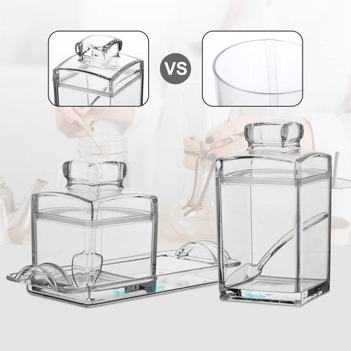 Beautyflier Sugar Bowl with Lid and Spoon and Rack, 2PCS Clear Acrylic Sugar Container for Coffee Bar Accessories, Tea, Kitchen Baking Countertop Canisters, 10/17oz Container Jar Dispenser Holder