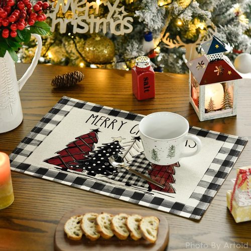 Artoid Mode Waterclor Buffalo Plaid Christmas Trees Placemats Set of 12, 12x18 Inch Winter Table Mats for Outdoor Home Party Kitchen Dining Decor