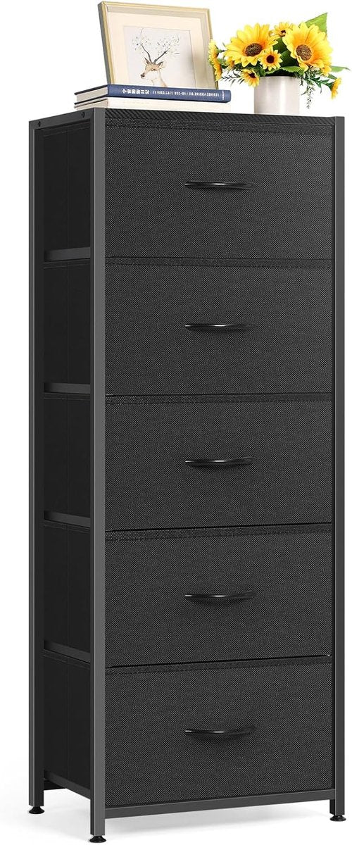 MOOACE 5-Drawer Dresser - Tall Fabric Storage Organizer with Wooden Top - Black Metal Frame