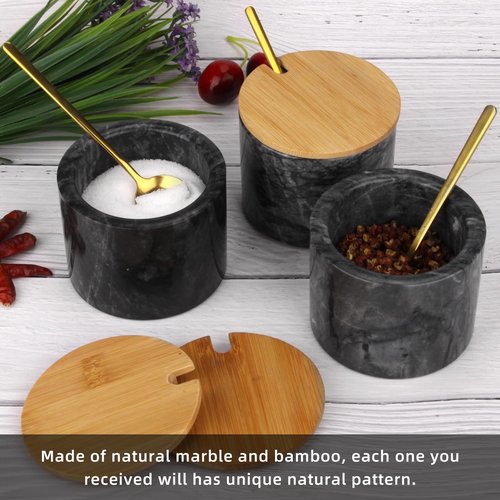 2 Sets Marble Salt Cellar Box with Bamboo Lid & Metal Spoon, Modern Stone Salt or Pepper Sugar Spice Seasoning Bowl Container Jar Holder Well Keeper Dish Pig Crock for Kitchen (White and Dark Grey)