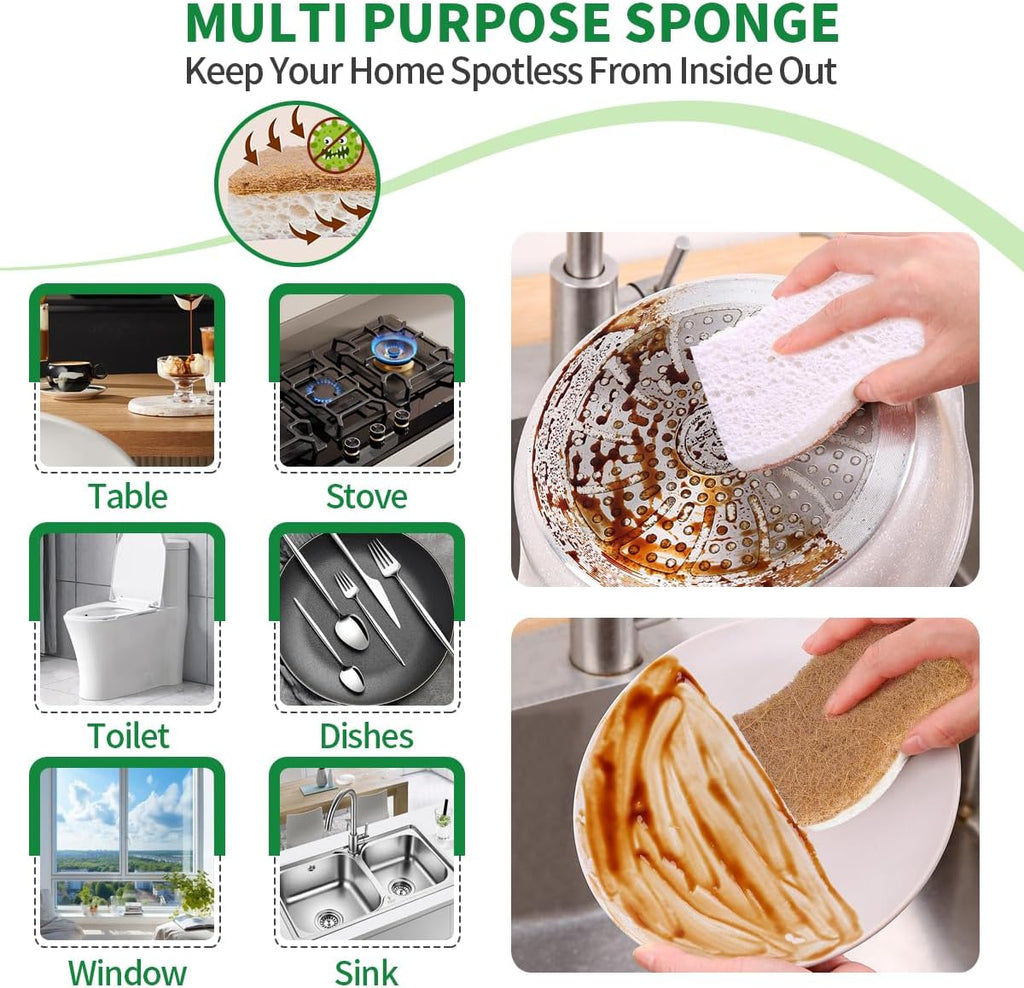 Skiennix Natural Dish Sponges - Biodegradable Plant-Based Cellulose with Coconut Scrubber | Pack of 12