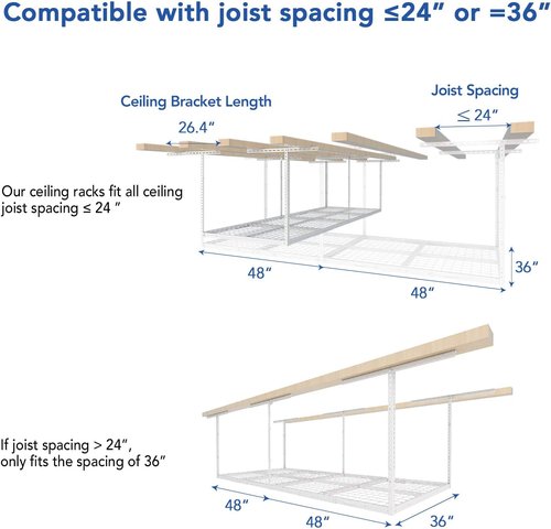 FLEXIMOUNTS Overhead Garage Storage Rack - Adjustable Heavy-Duty Metal | 750lbs Capacity, White