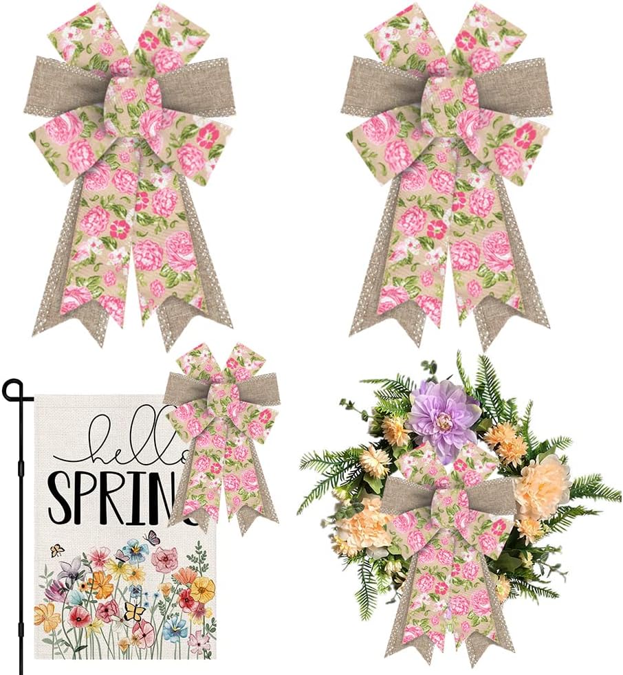 Skiennix Spring Wreath Bows - Pink Roses & Burlap Ribbon | 2-Piece Set for Indoor/Outdoor Decor