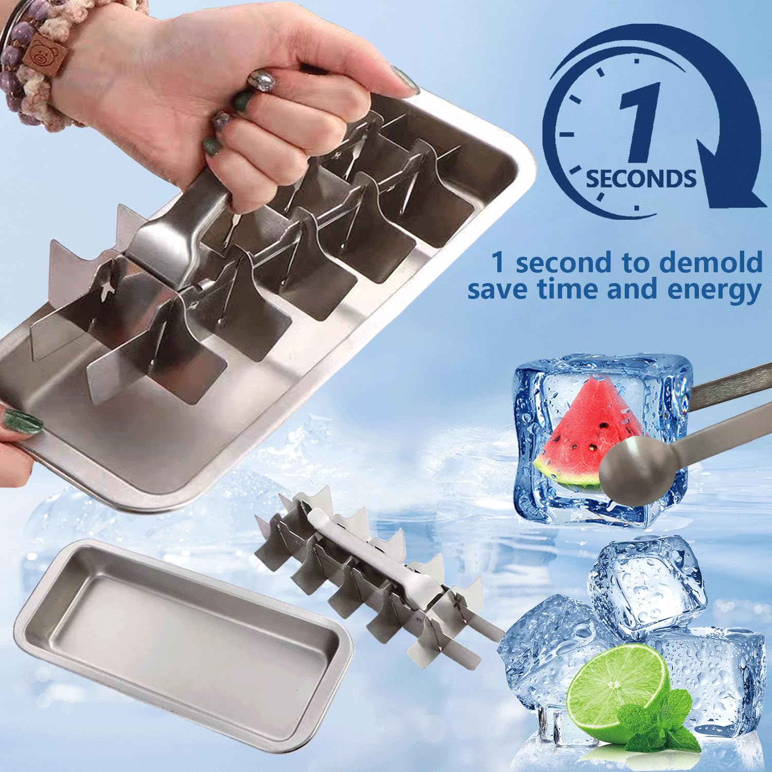 GHAHILI Stainless Steel Ice Cube Trays, Metal Ice Cube Trays for Freezer Vintage Inspired Design with Release Lever Remove Handle for Making Large Cubes Kitchen & Bar (2 pack)