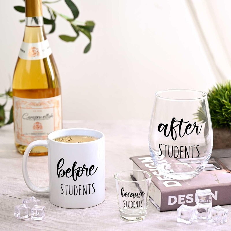 Futtumy Before Students After Students Gift Set 11oz Coffee Mug 17oz Stemless Wine Glass 2oz Shot Glass Set for Teacher Principal Professor, Teacher Appreciation Gifts End of Year Gifts for Women Men
