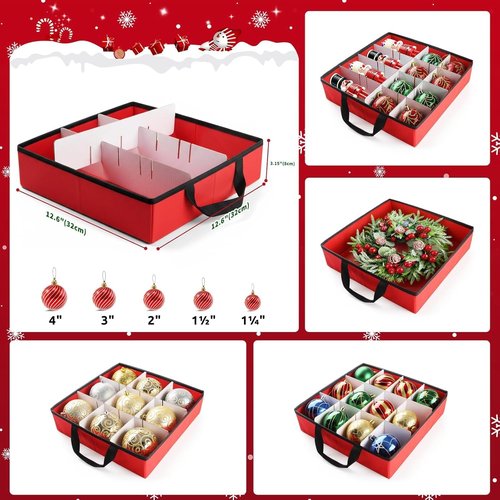 EverMerry Christmas Ornament Storage Box - Large Sturdy Container with Adjustable Dividers & 8 Trays | Holds 128 Decorations (Red)
