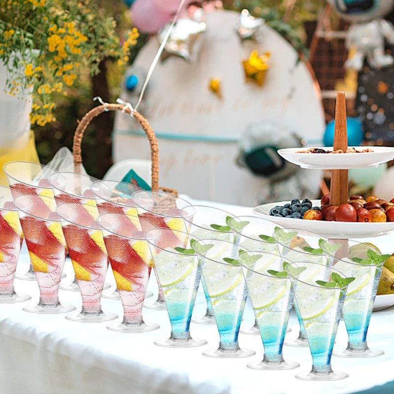 Foraineam 100 Pack Clear Dessert Cups with Spoons, 4 oz Disposable Plastic Champagne Flutes Cocktail Glasses, Reusable Parfait Appetizer Cup Mousse Cups for Home Gatherings, Events, Parties, Weddings