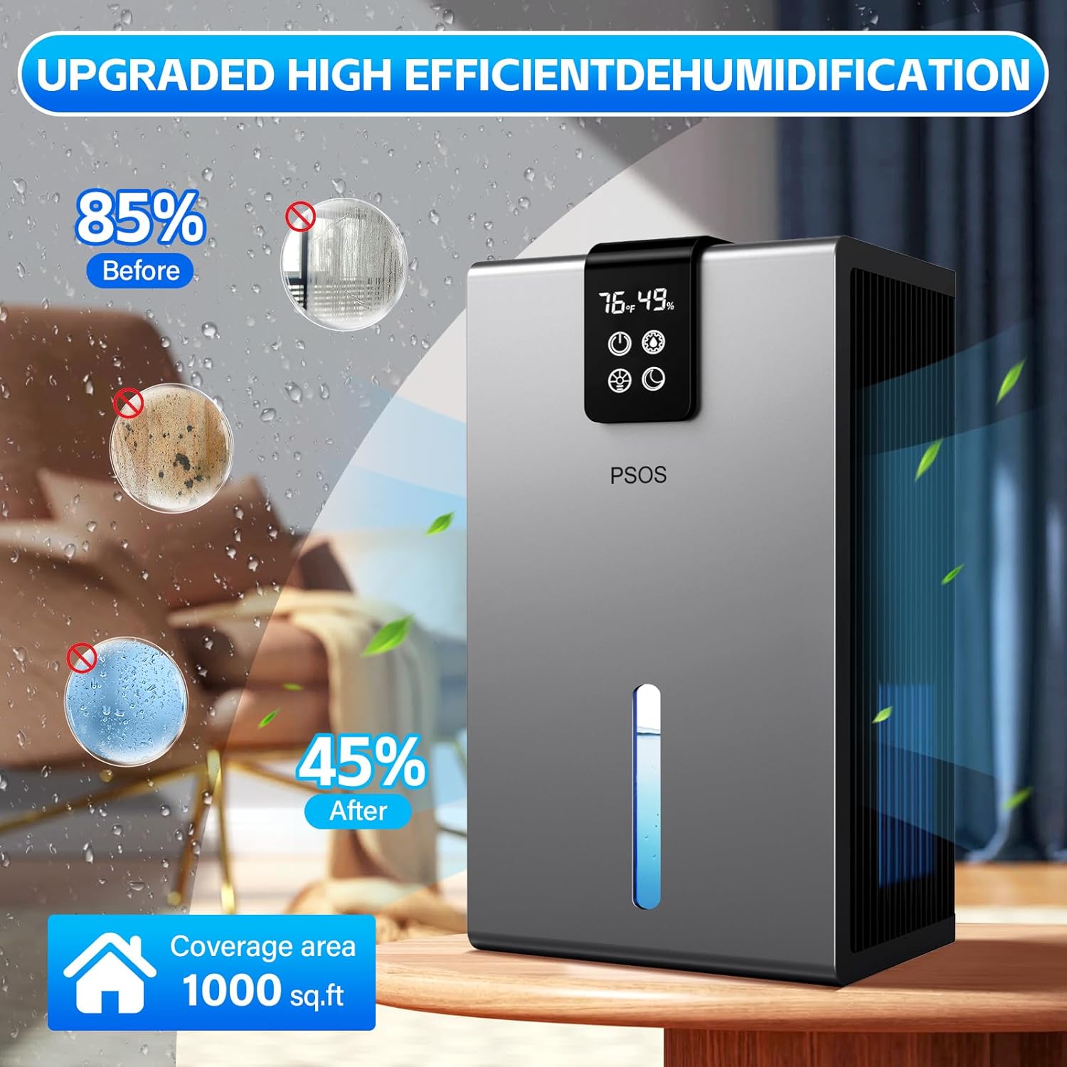 Skiennix Dehumidifier - Quiet 98 OZ Home Dehumidifier for Up to 1000 Sq.Ft | Auto Shut Off & 7 Color Light (Gray)
