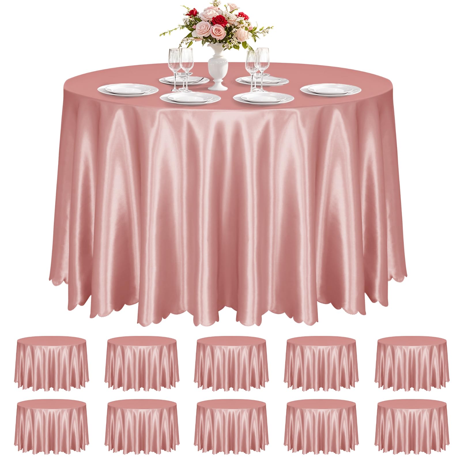 KKJIAF 10 Pack Rose Gold Satin Round Tablecloth 108 Inch, Silky Satin Round Table Cover, Overlay Dining Table Cloths for Wedding Buffet Parties Banquet Decoration