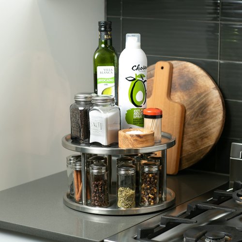RSVP International Two-Tier Turntable Lazy Susan | Handy in Cabinet, Refrigerators & Counters | Organize Spices, Canned Foods, Pots, Pans, Dinnerware, 10.5" x 6", Stainless Steel