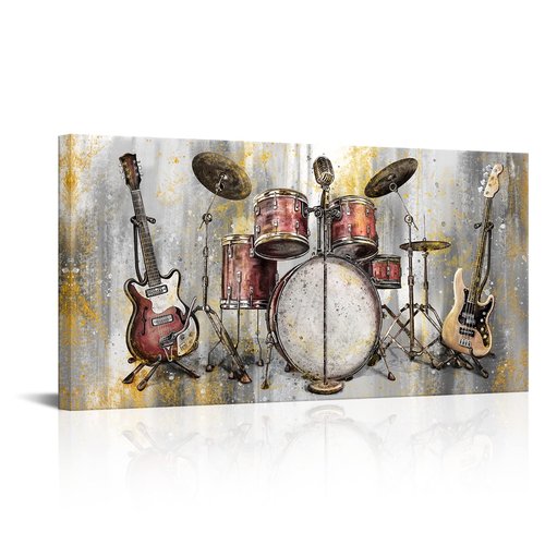 Saypeacher Music Canvas Wall Art Drum Guitar Piano Jazz Painting Pictures Prints Musical Artwork Prints Home Studio Decor 24''x48''