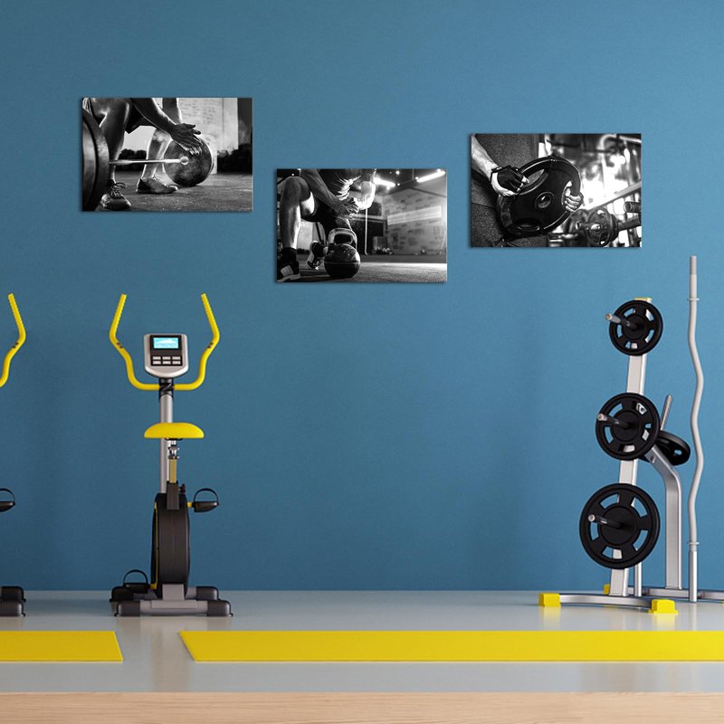 RnnJoile 3 Piece Gym Canvas Wall Art Barbell Painting Prints Black White Sport Picture Framed Ready to Hang 16" x20 (Medium)