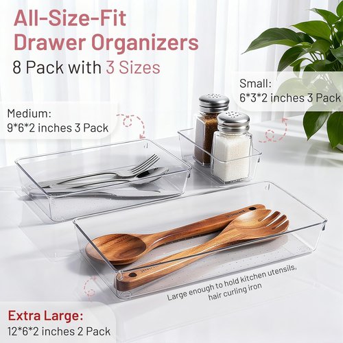 Clear Plastic Drawer Organizer Bins by [Brand Name] - Heavy Duty Storage Trays for Kitchen & Bathroom | 8 Pack