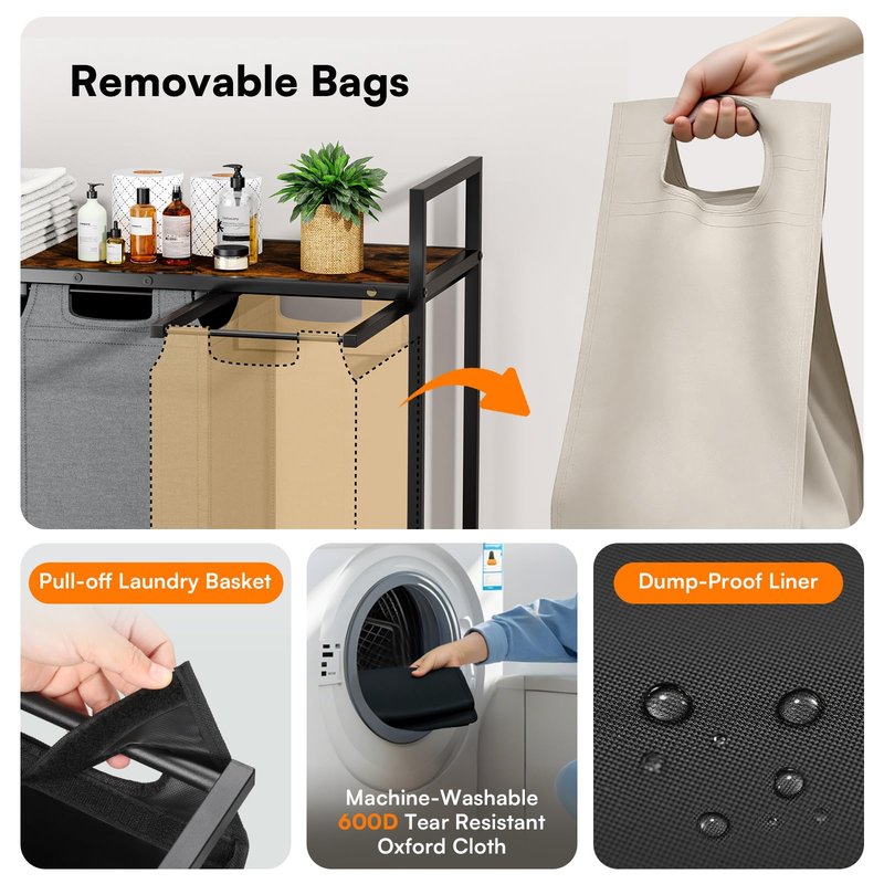 Laundry Hamper - Laundry sorter 3 Section 145L - Laundry Room Organization with 4 Pull-Out Drawers, Removable Oxford Bags, Lockable Wheels & Sturdy Shelf for Laundry Room, Bathroom, Bedroom