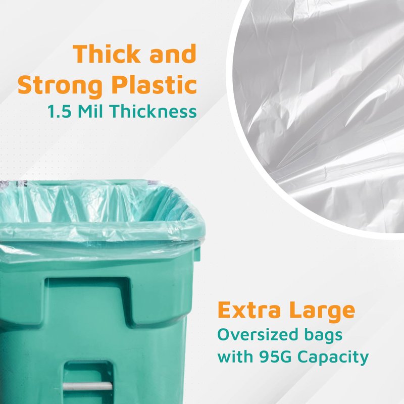 PlasticMill Heavy Duty Trash Bags - Clear Garbage Bags - Plastic Rubbish Sacs for Large Rolling Trash Bins - Tall Plastic Bags - 95-Gallon Large Kitchen Trash Bags, 1.5 Mil, 61"x68" (30-Count)