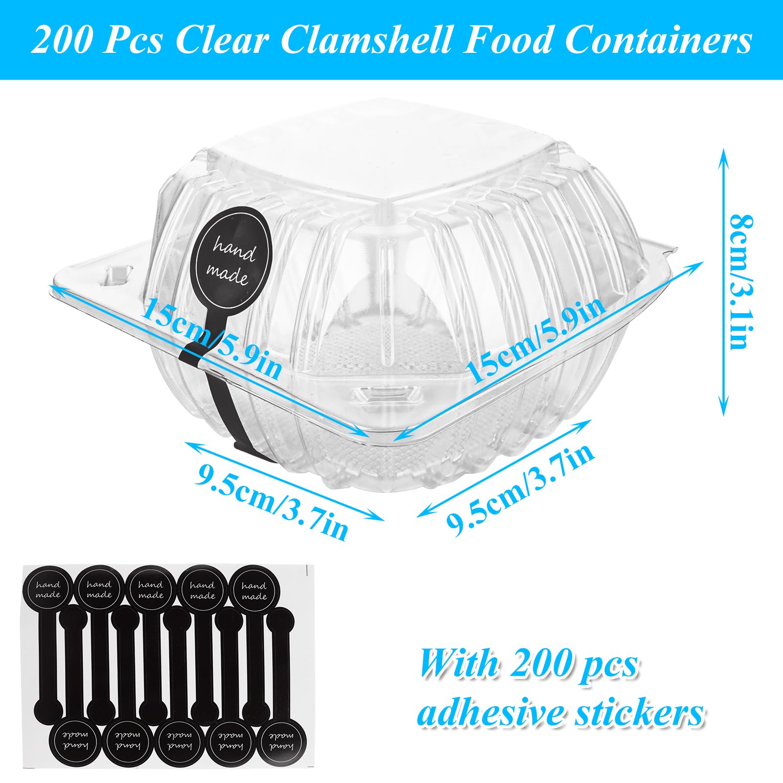 LISHINE 200 Pack Cake Containers with Lids Clear Hinge Plastic To Go Containers Disposable Clamshell Food Containers Take Out Cake Slice Containers for Dessert, Salads, Sandwiches (6x6x3 in)