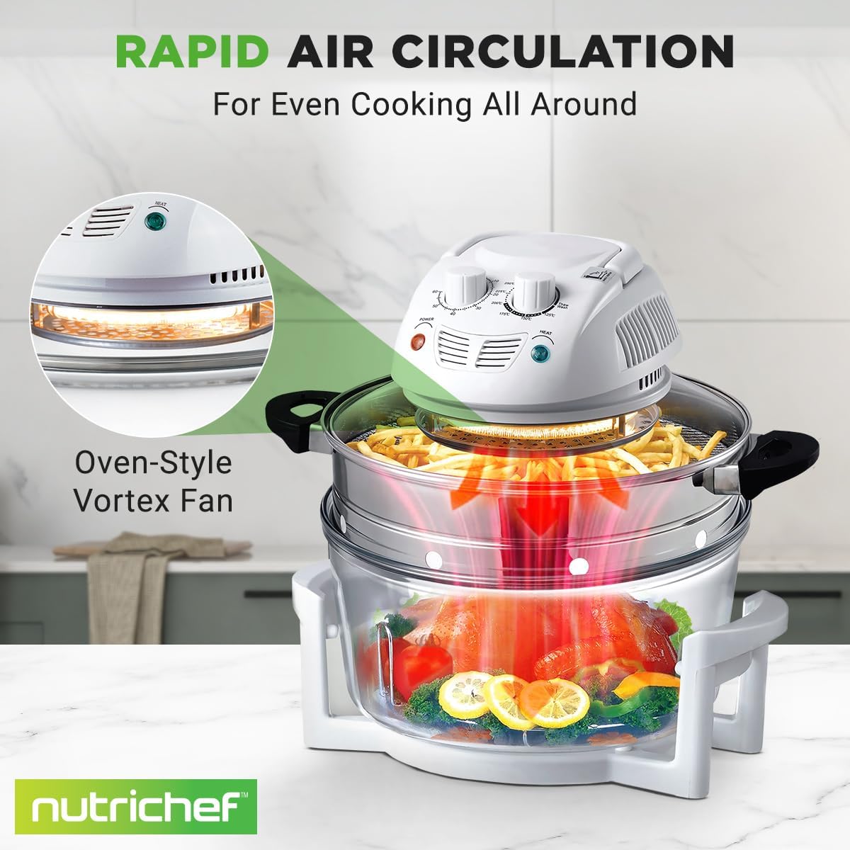 NutriChef Air Fryer - 13 Quart Infrared Convection Halogen Oven | Quick Healthy Cooking in White