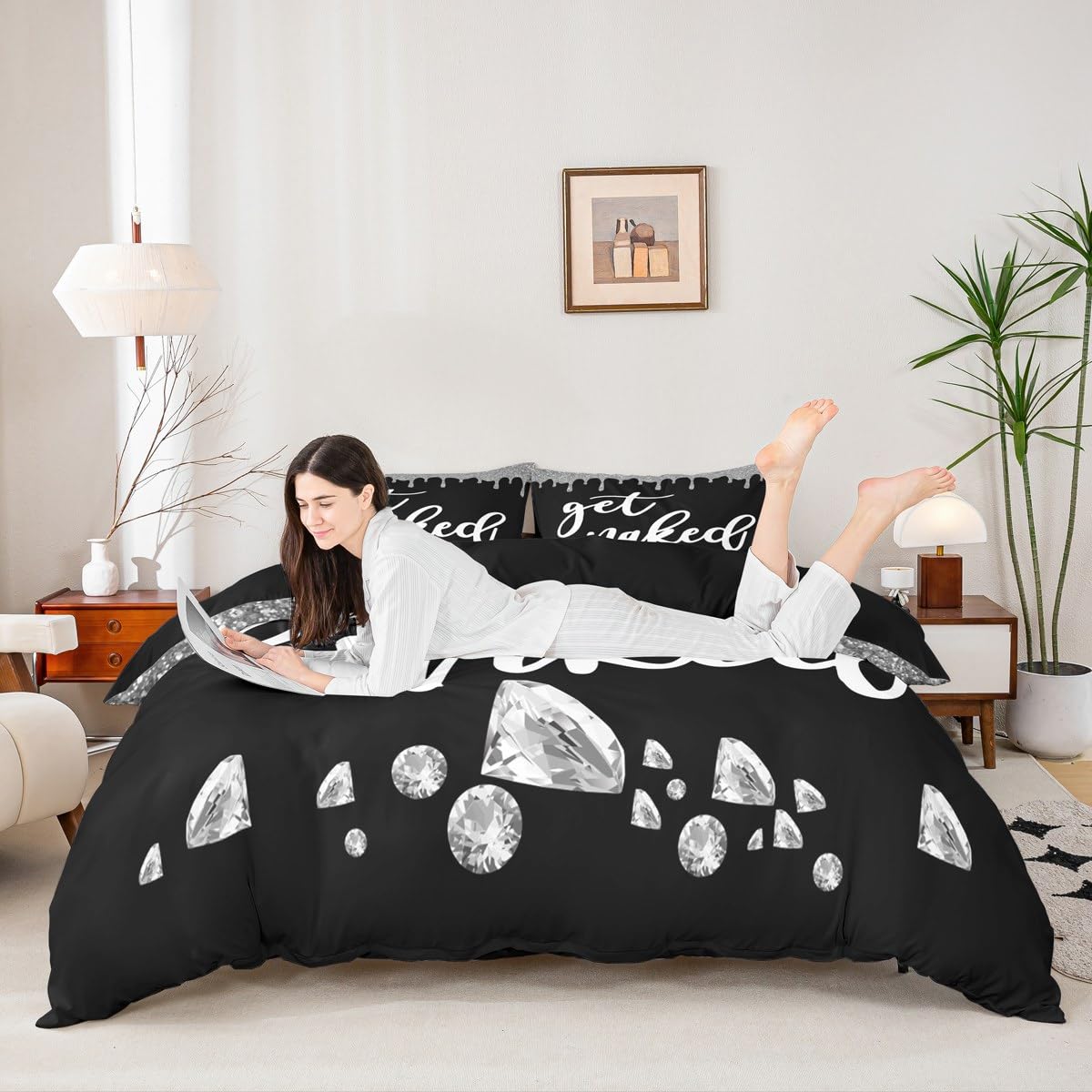 Get Naked Bedding Set King Size Silver Grey Black Glitter Duvet Cover for Kids Boys Girls Bedroom Decor Luxury Shining Diamond Comforter Cover Set Women Men Funny Quotes Modern Bed Set (No Comforter)