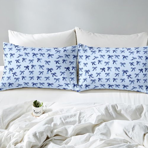 Erosebridal Bowknot Twin Size Sheet Sets 3pcs, Kawaii Simple Bows Microfiber Bed Sheets Set, Cute Cartoon Dreamy Printed Kids Teens Bed Set for Bedroom, Baby Blue Ribbon Bedroom Decor Bedding Set