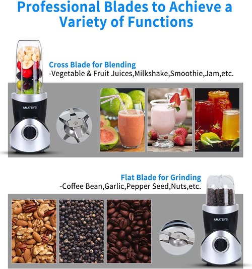 Amateys Personal Blender - Professional Smoothie Maker with Blending & Grinding Blades | Portable 24/10 Oz Travel Bottles