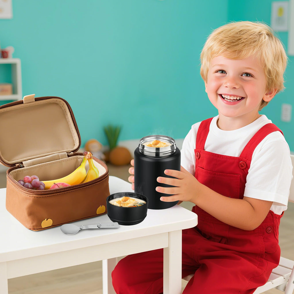 HAWEEK Soup Thermo for Hot Food Kids 16oz Insulated Food Jar Leakproof Thermo Lunch Container for Kids Wide-Mouth Stainless Steel Lunch Box for School with Handle Folding Spoon(3+)