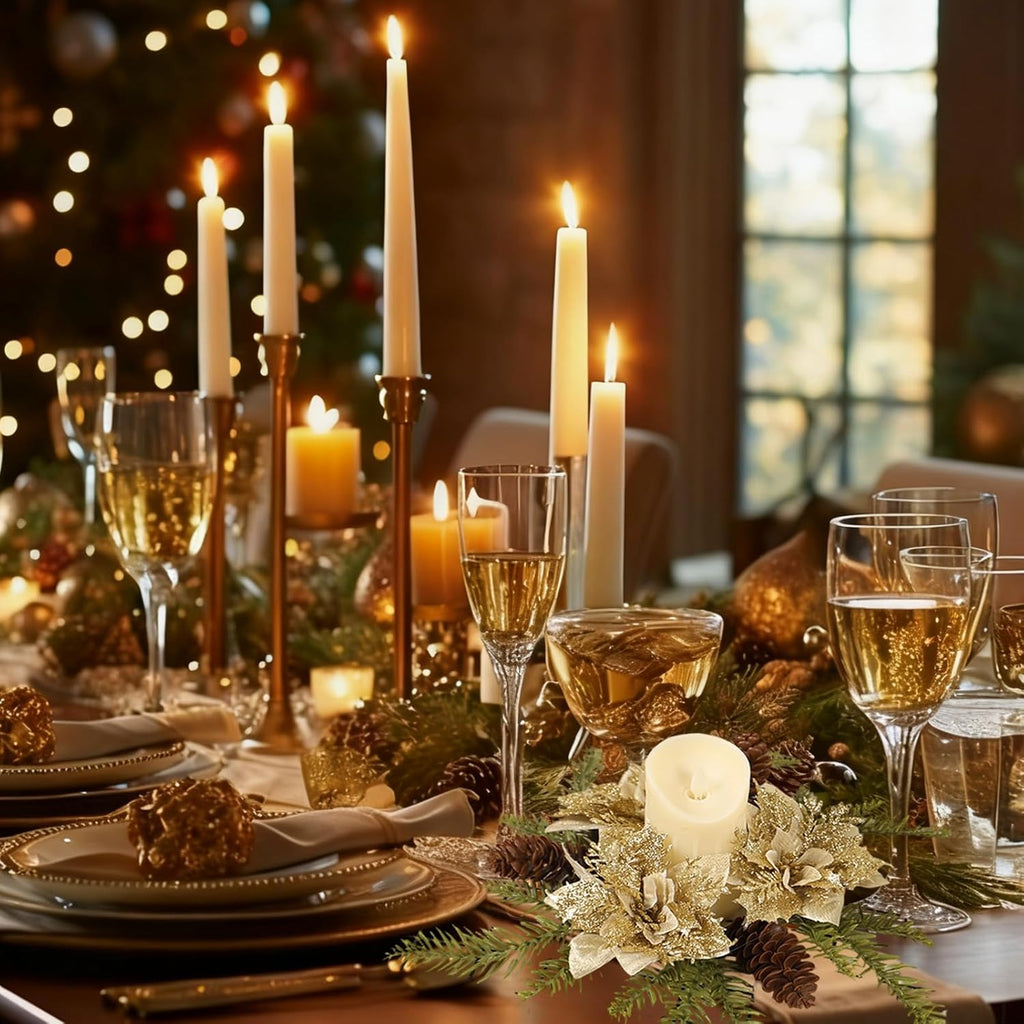 Skiennix Christmas Candle Ring Wreath - Artificial Golden Flower & Pine Garland Centerpiece