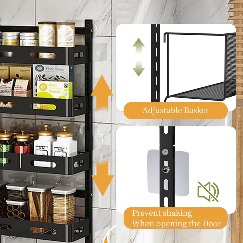 VIESOGEZ 6-story door mounted cutlery storage rack, large metal door seasoning rack with adjustable basket, 2-in-1 wall mounted kitchen cutlery storage rack, black
