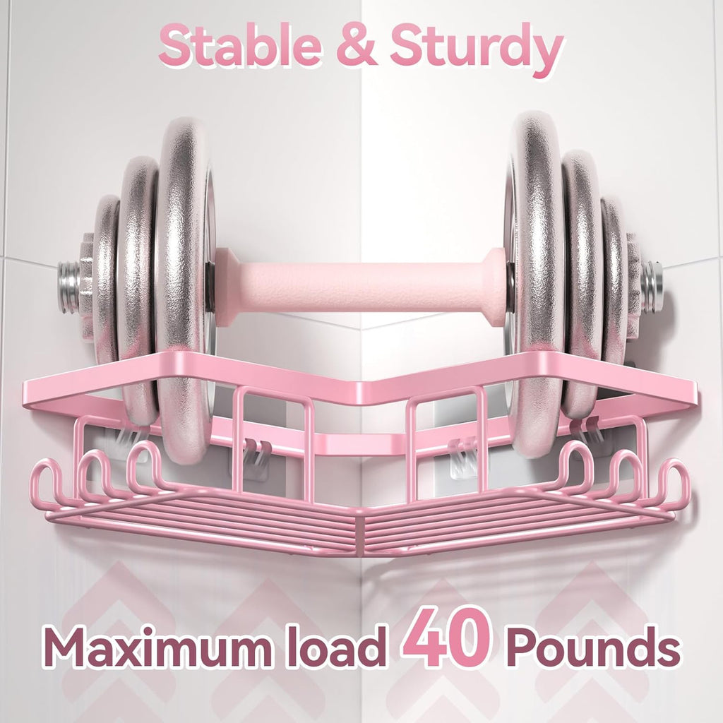 YASONIC Corner Shower Caddy - Rustproof Stainless Steel Organizer with Soap Holder & 12 Hooks | Pink, 3-Pack