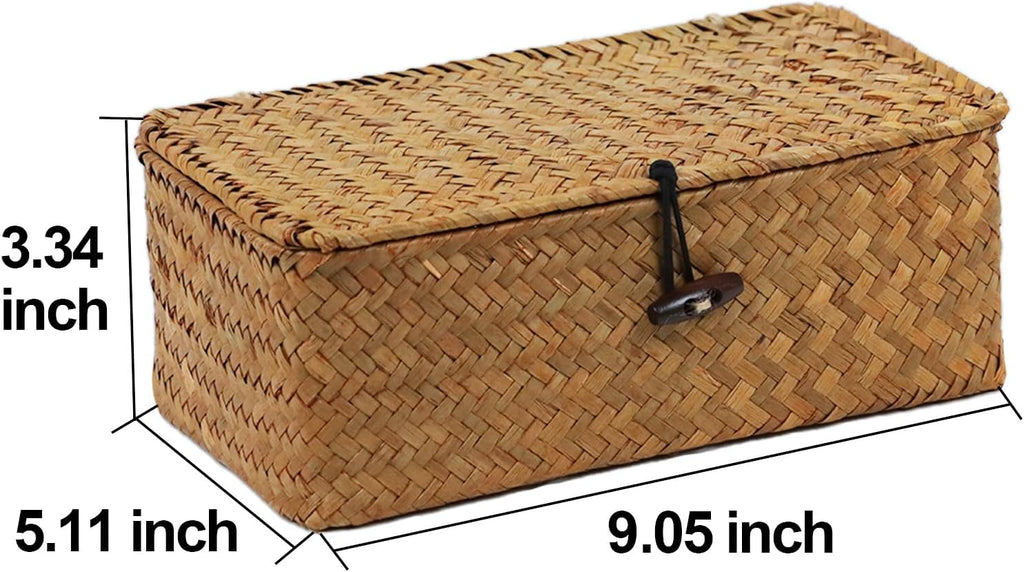 Wicker Storage Basket - Natural Seagrass Organizer with Lid | Rectangular Decorative Bin