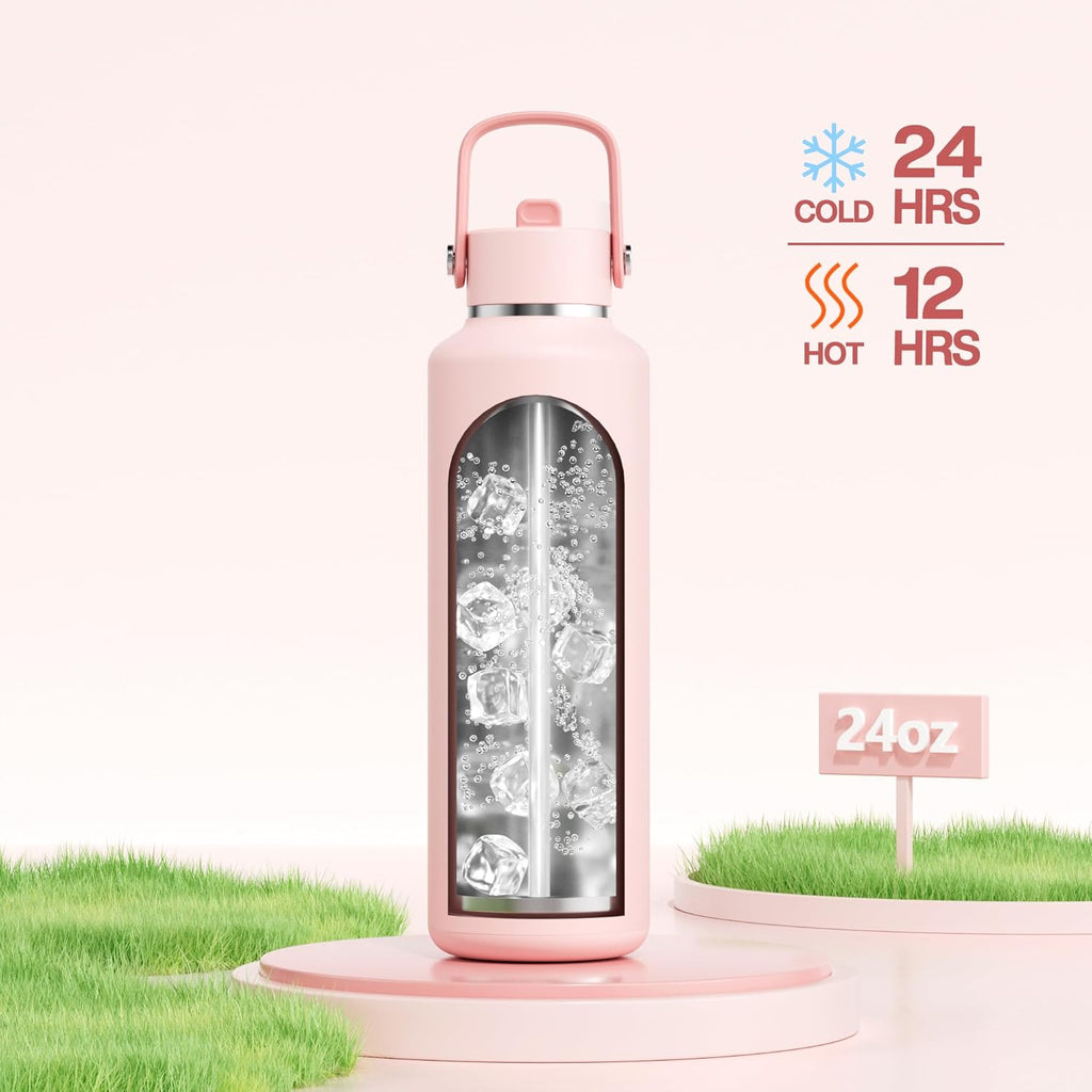 POWCAN 24 oz Insulated Water Bottle - Leakproof, Keeps Drinks Cold for 24 Hours | Lightweight Metal with Straw (Cotton Candy)