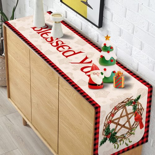 Blessed Yule Table Runner - Buffalo Plaid Check for Winter Solstice | White, 13" x 72" Home Decor