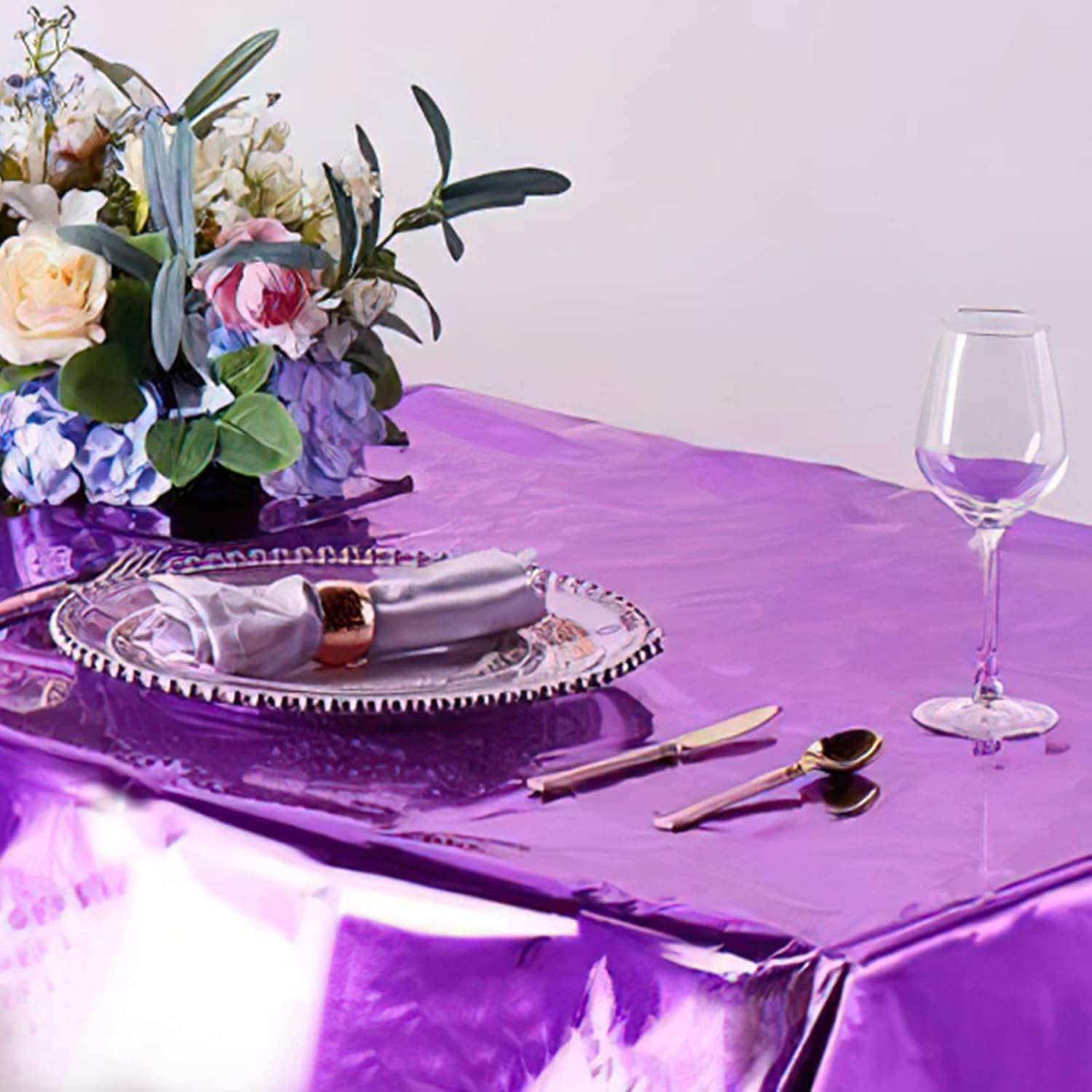 PartyWoo Purple Foil Tablecloth - 3 Pack 54 x 108 Inch Waterproof Metallic Covers for Events