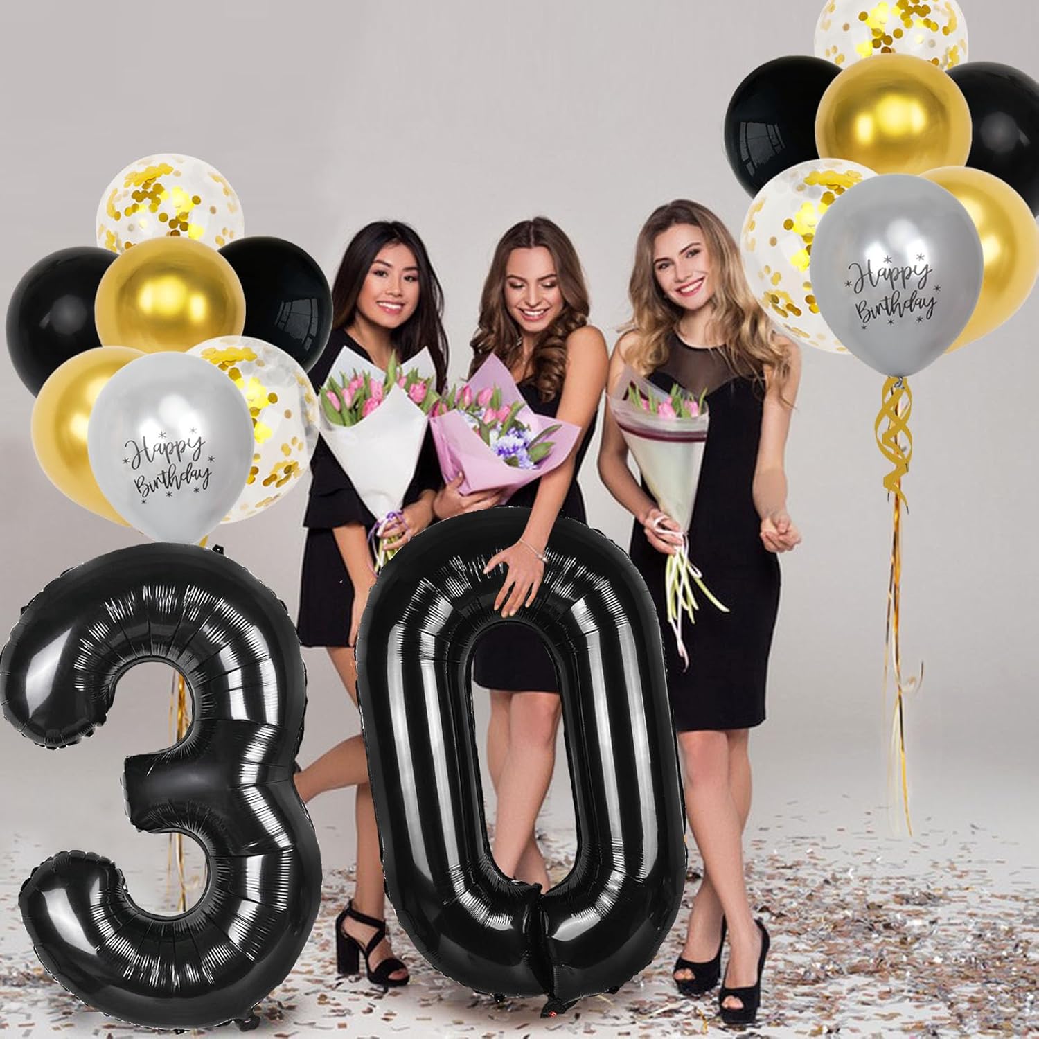 Skiennix 30th Birthday Decorations - 40-Inch Number Balloons & 18 Pcs 12-Inch Balloons for Men & Women
